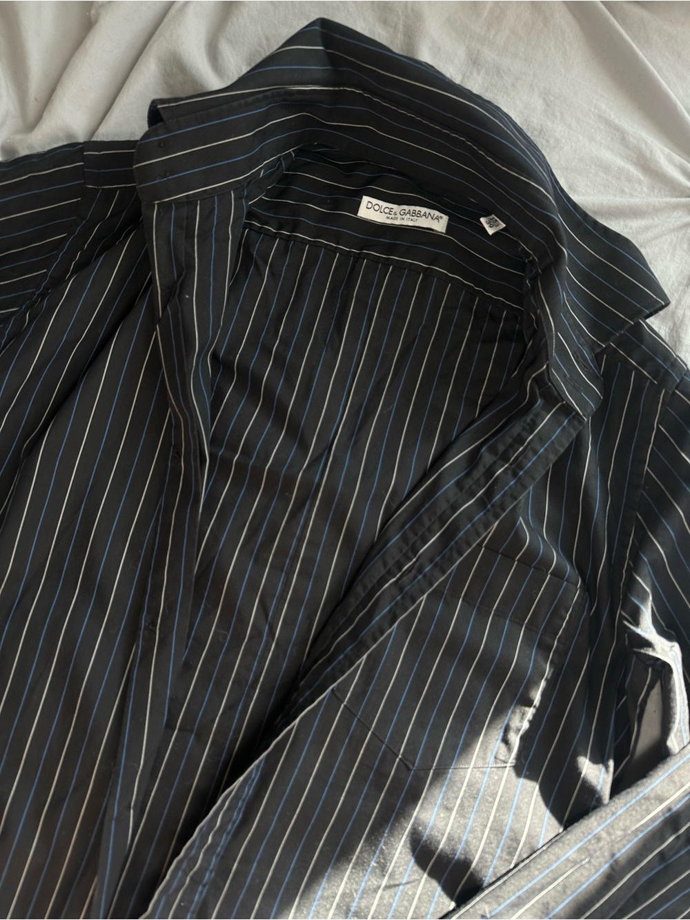 Dolce & Gabbana Black Shirt with White and Blue Pinstripes